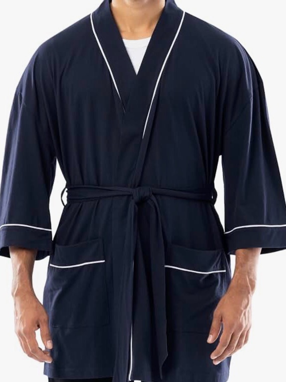 Men's Navy Robe with White Piping - Luxury Grooming Robe